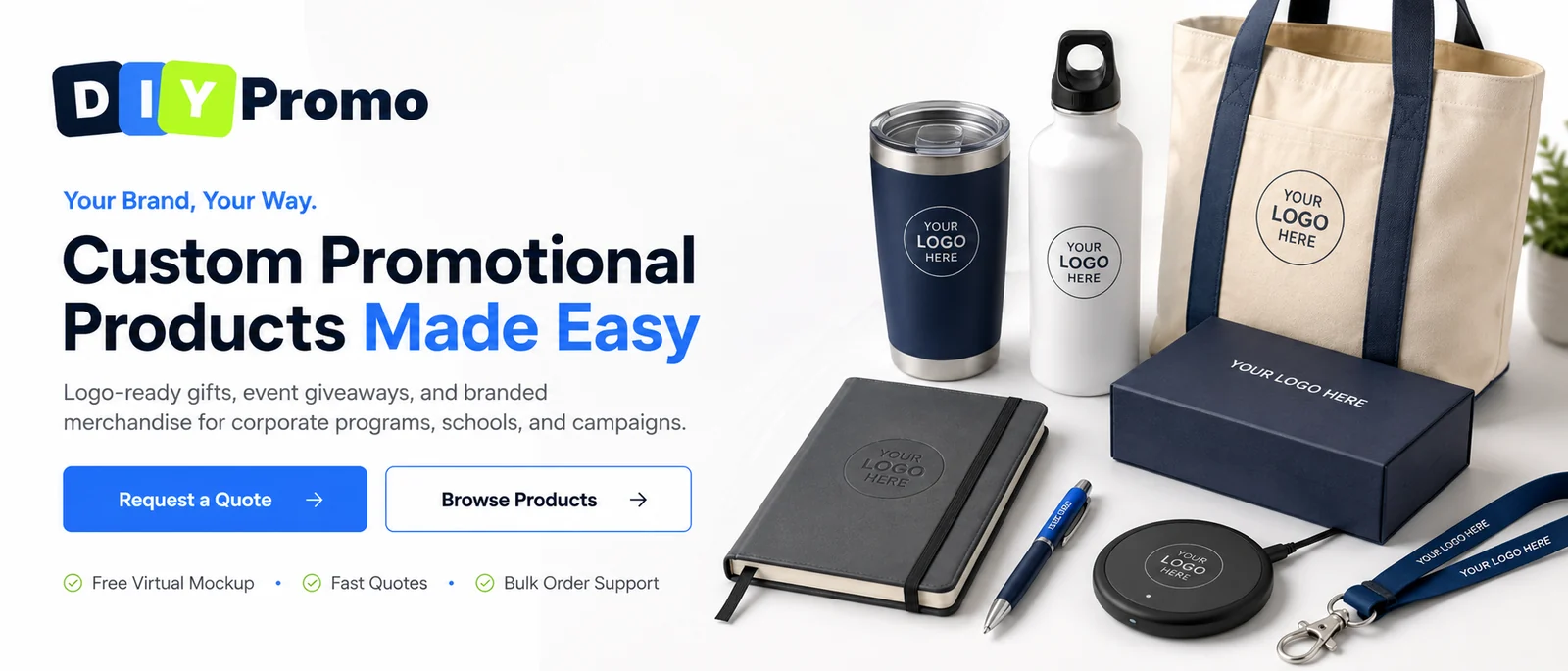 DIY Promo custom promotional products hero poster with logo-ready drinkware, bag, notebook, pen, lanyard, tech gift, and box