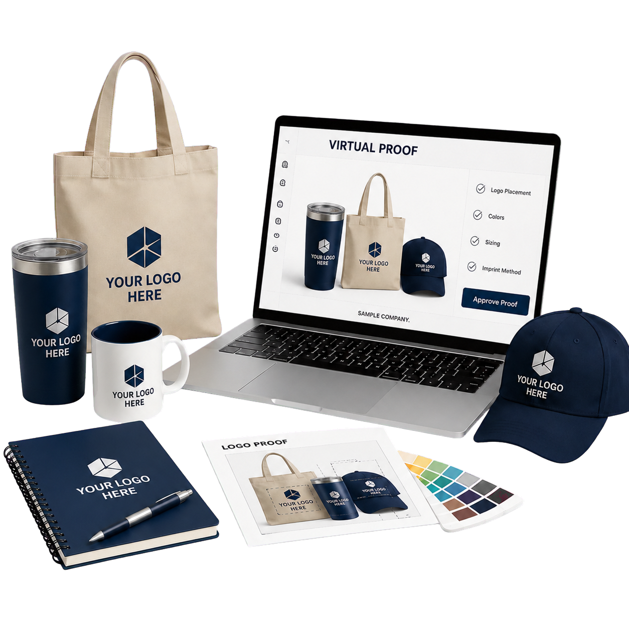 Custom logo service workspace with virtual proof, logo-ready products, color references, and artwork review