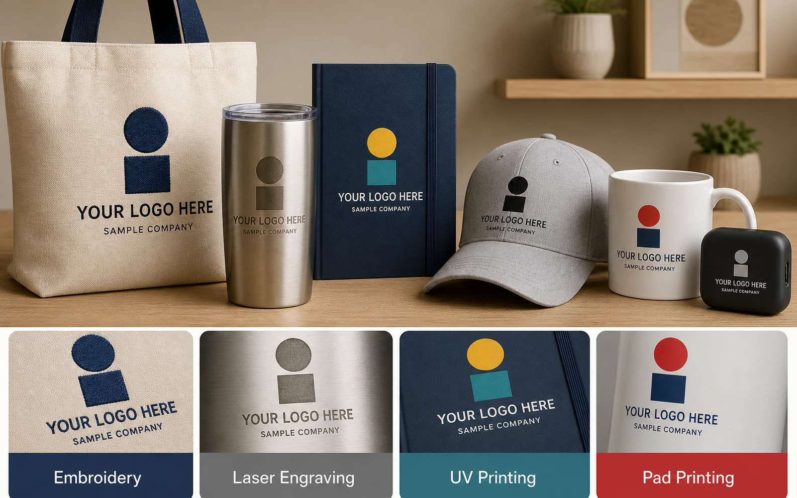DIY Promo imprint method guide showing logo decoration options for bags, drinkware, notebooks, caps, and tech accessories