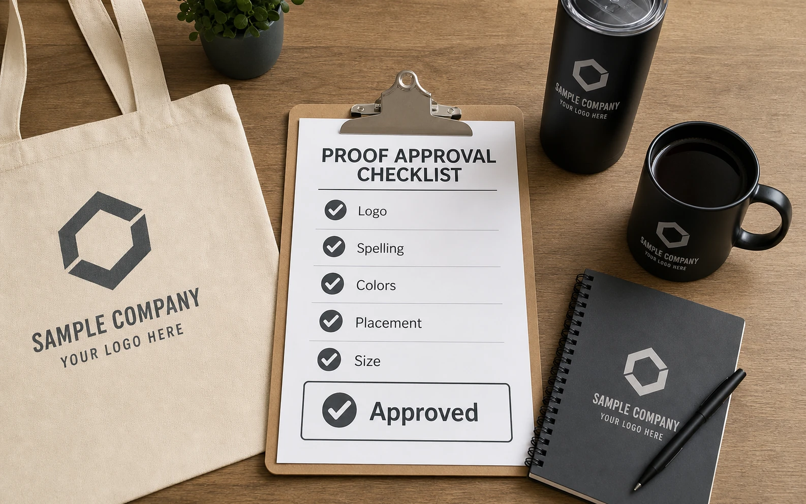 Custom logo artwork proof with color palette and preferred file formats for promotional products