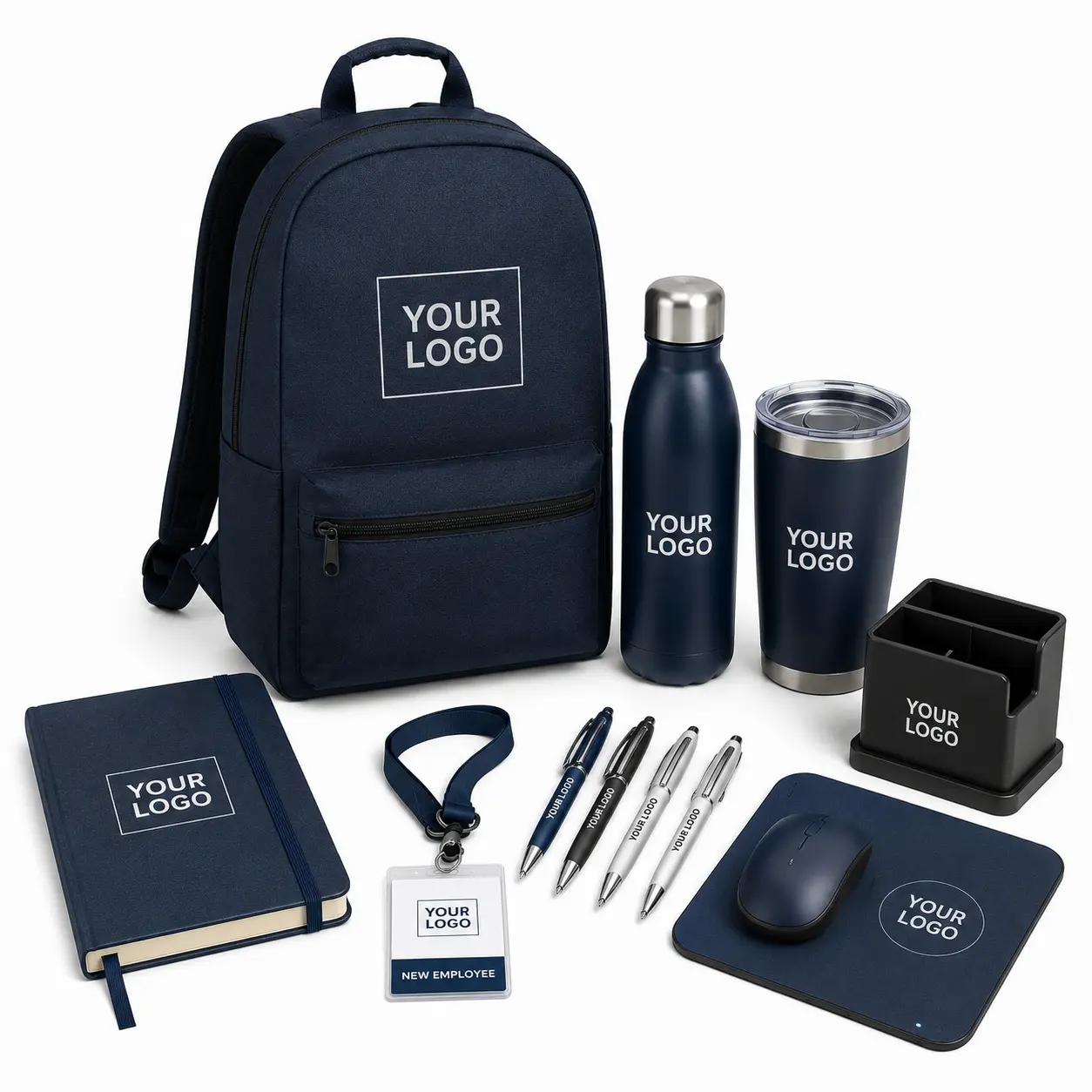 Corporate gift collection with coordinated logo-ready business products