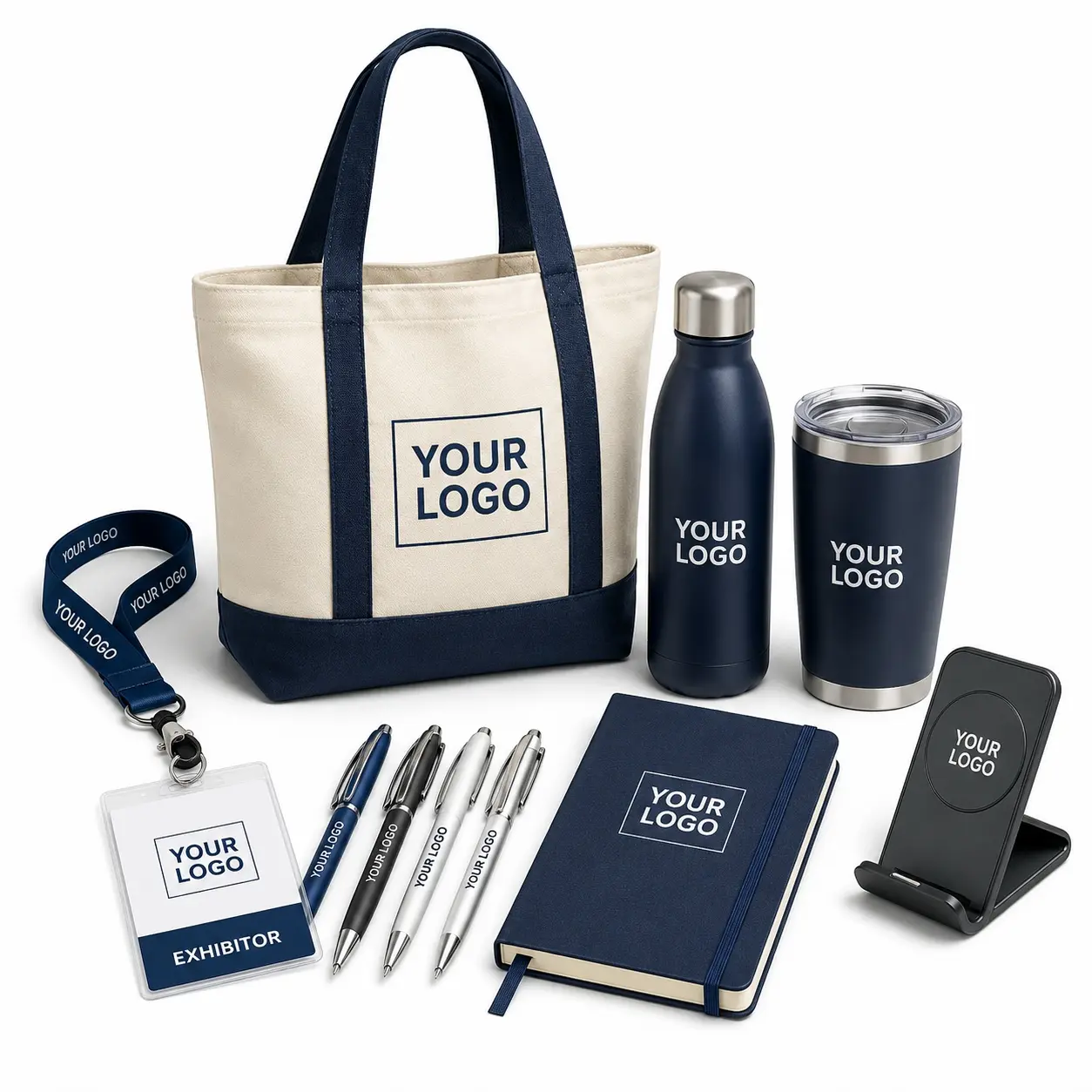 Employee and client promotional kit with logo-ready bag, drinkware, notebook, pens, and tech accessories