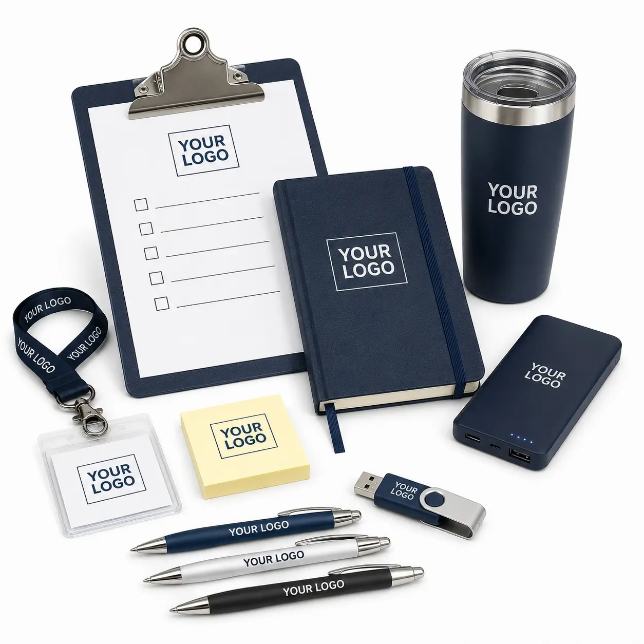 Employee welcome kit with backpack, drinkware, notebook, pens, and tech gifts