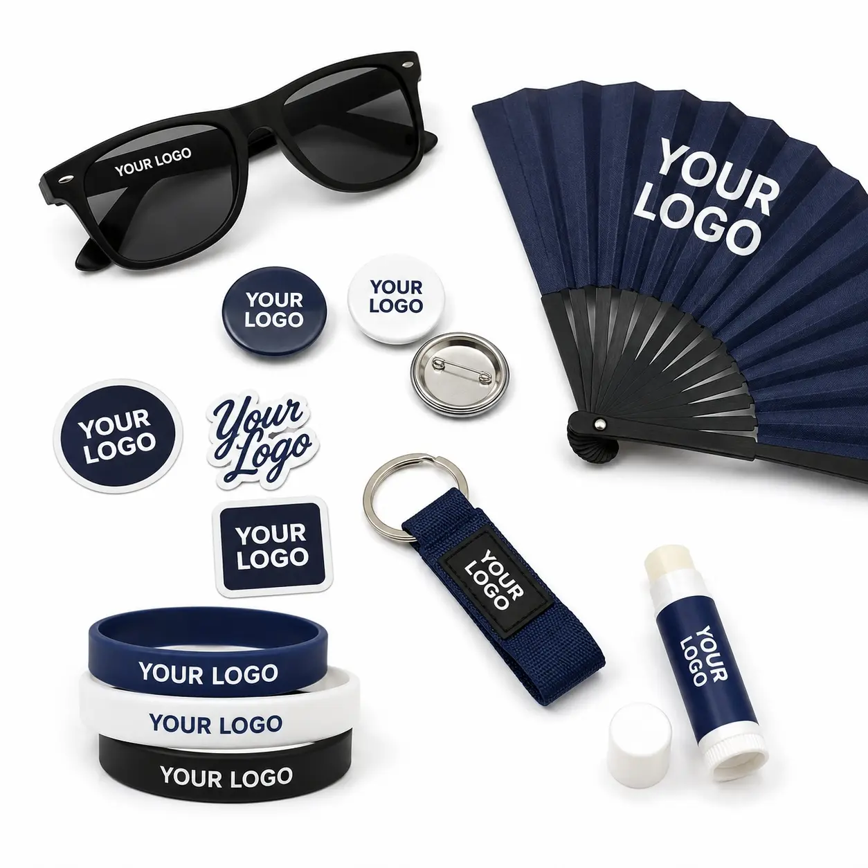 Event giveaways including badges, stickers, key chains, fans, sunglasses, and practical logo items