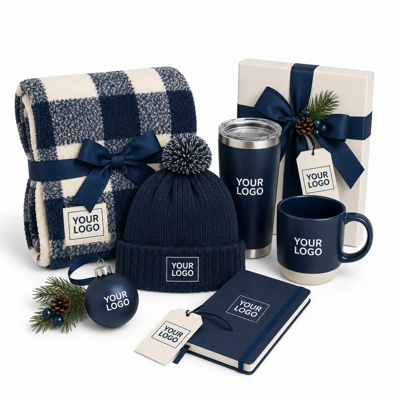 Holiday promotional gift collection with blanket, apparel, drinkware, and seasonal logo products
