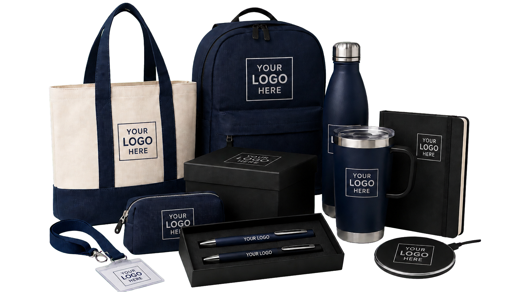 Logo-ready promotional bags, drinkware, notebooks, writing instruments, and business gifts