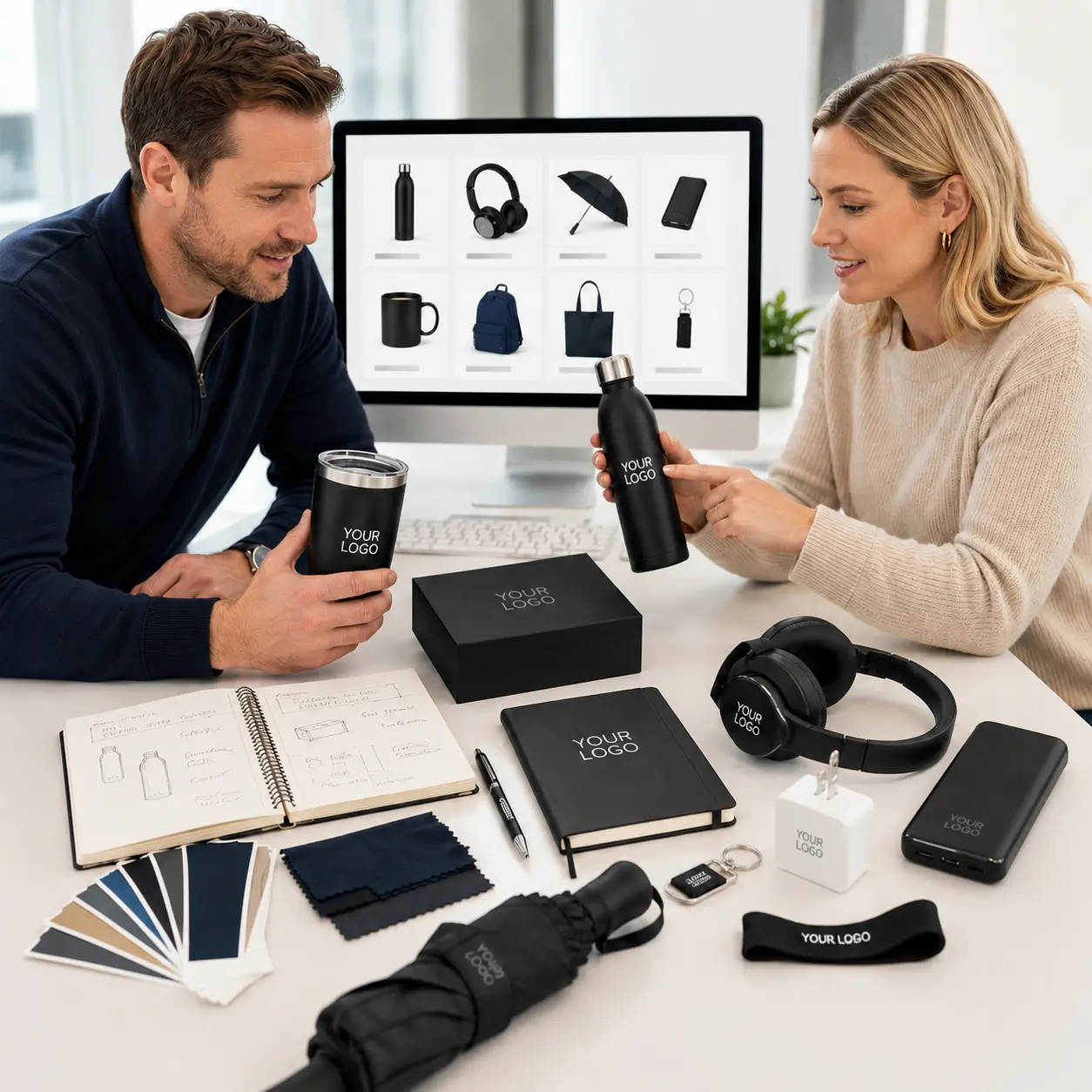 Promotional product sourcing consultation with samples and factory product options