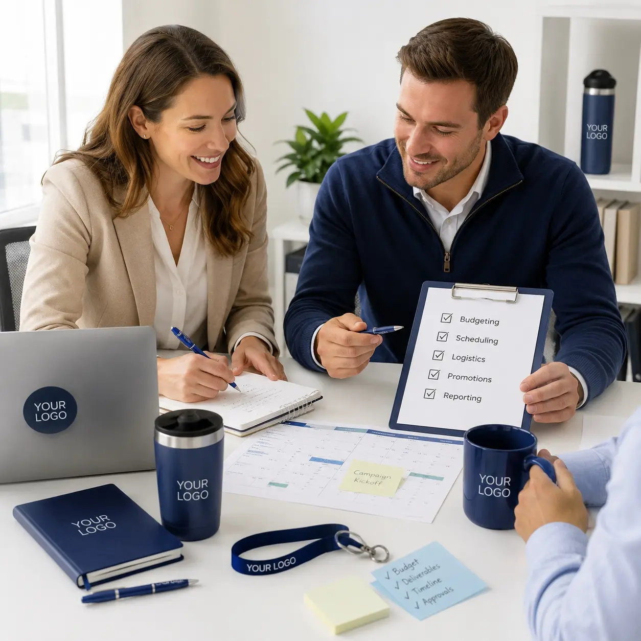 Promotional product program support meeting for artwork, product, quantity, and timing review