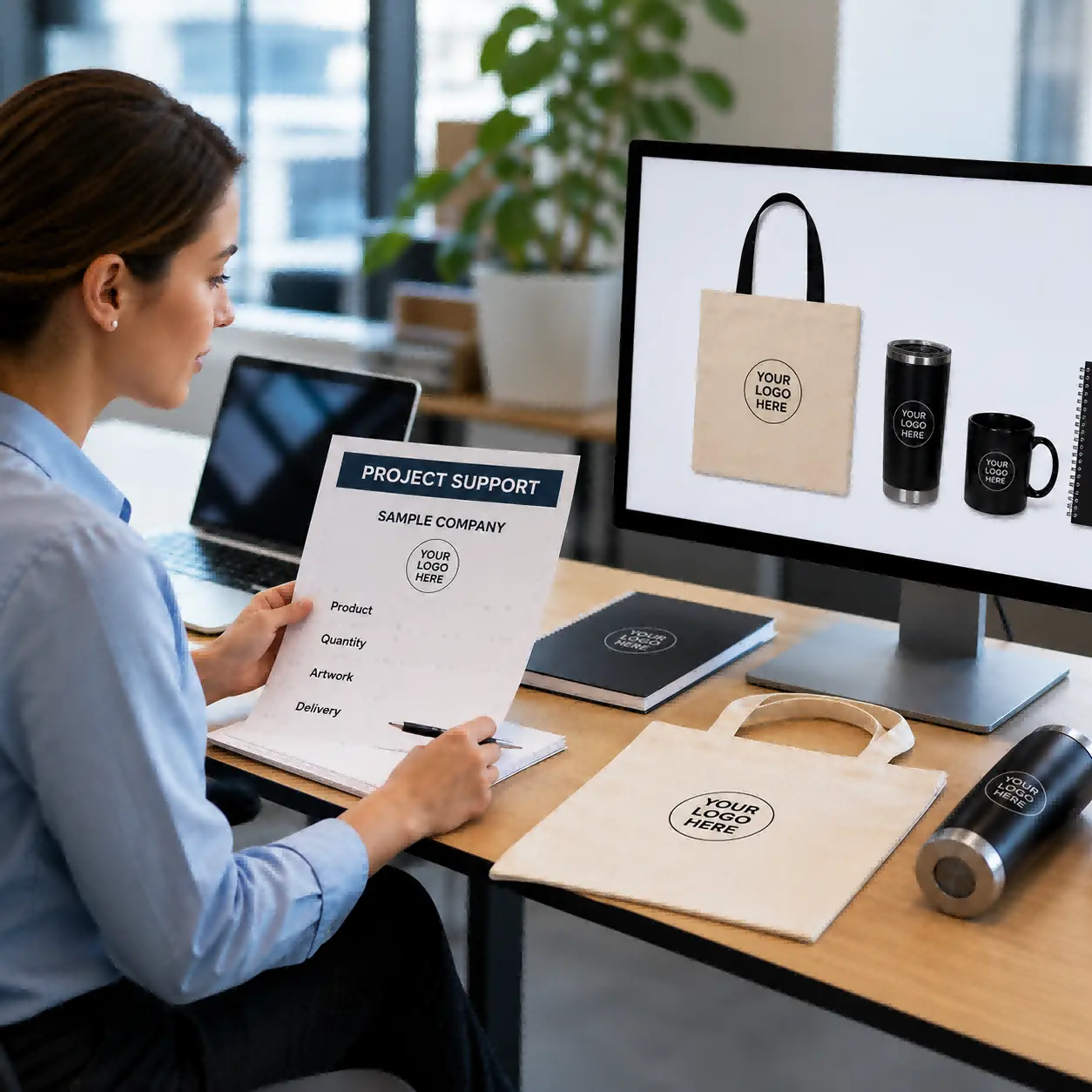 DIY Promo project support specialist reviewing a custom logo product proof and production checklist