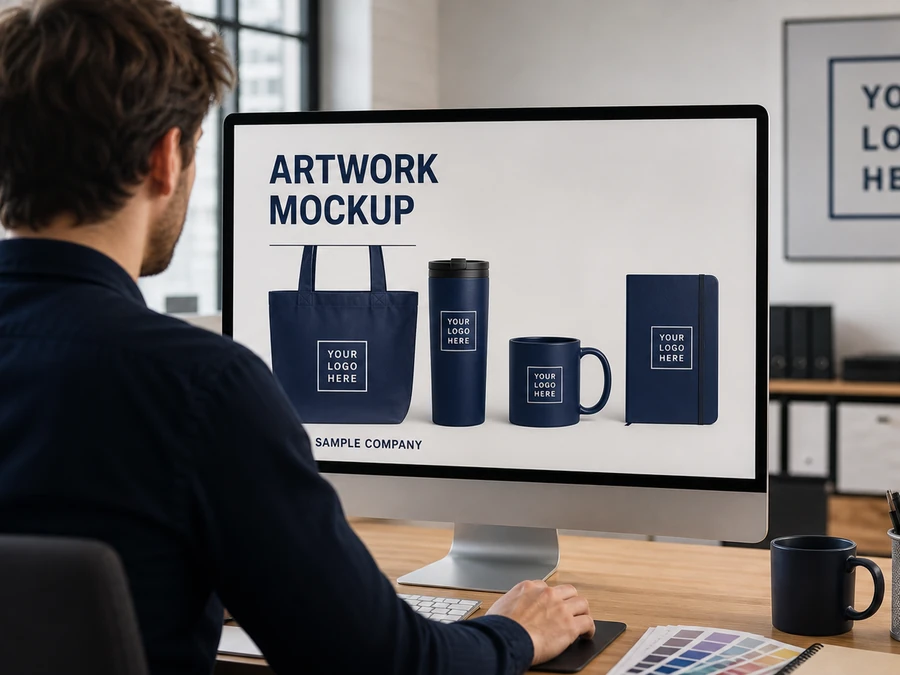 Artwork and mockup support for custom logo placement on promotional products before production