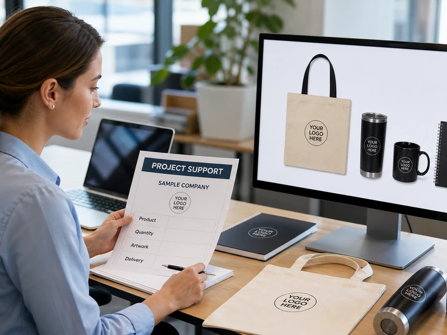 DIY Promo project support for custom logo product requests, quote details, quantity, and deadline review