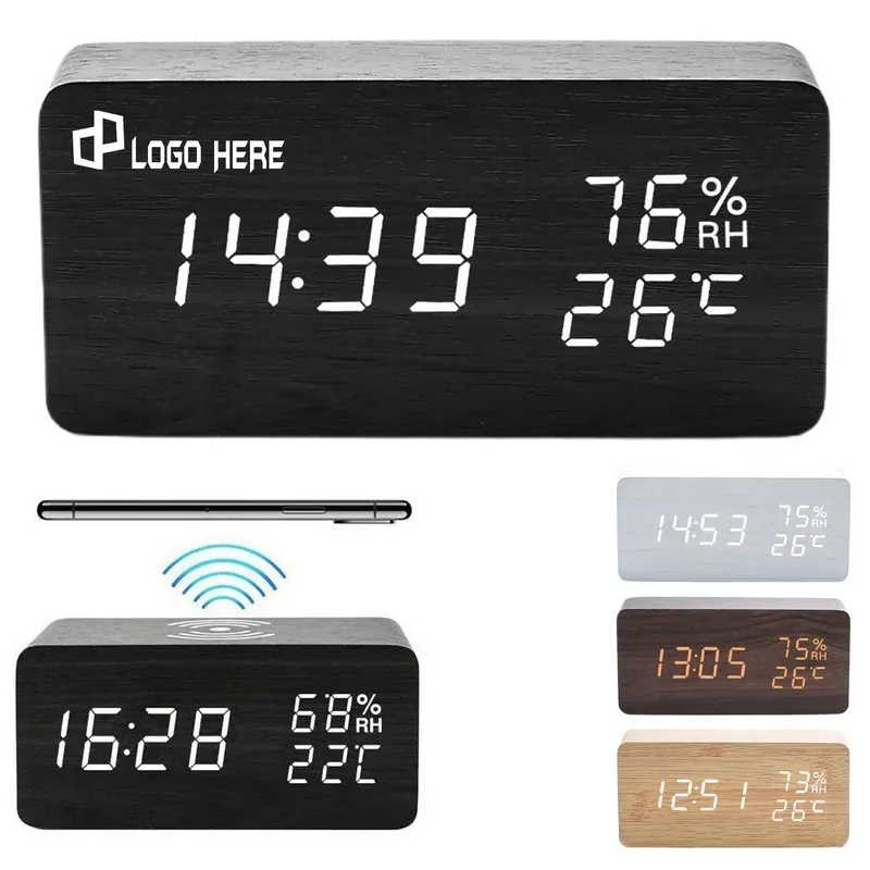 Wooden Digital Alarm Clock With Wireless Charging — DIBG120756, view 1 of 7