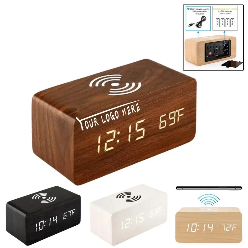 Digital Wooden Alarm Clock With Wireless Charging — DIBG120760, view 1 of 5